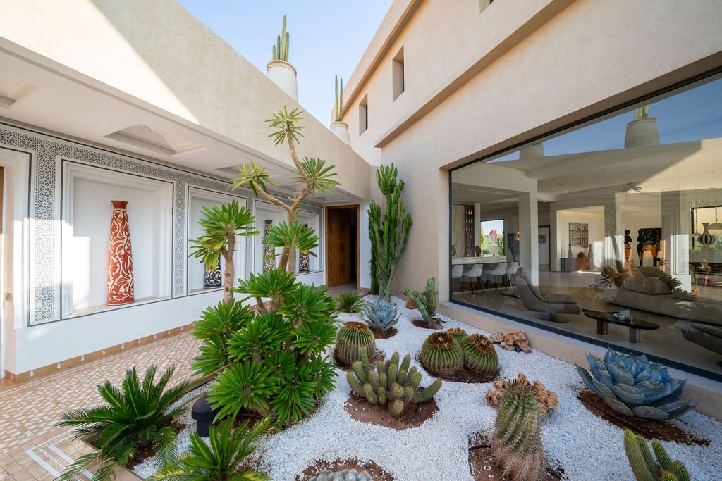 Jardin de cactus et palmiers de la villa