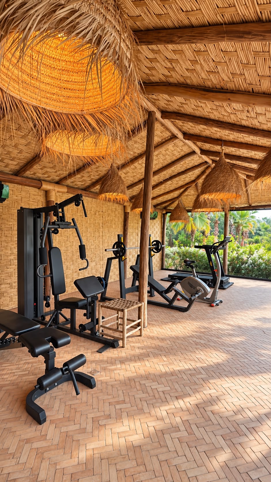 Salle de sport sous pergola en roseau, ouverte sur le jardin